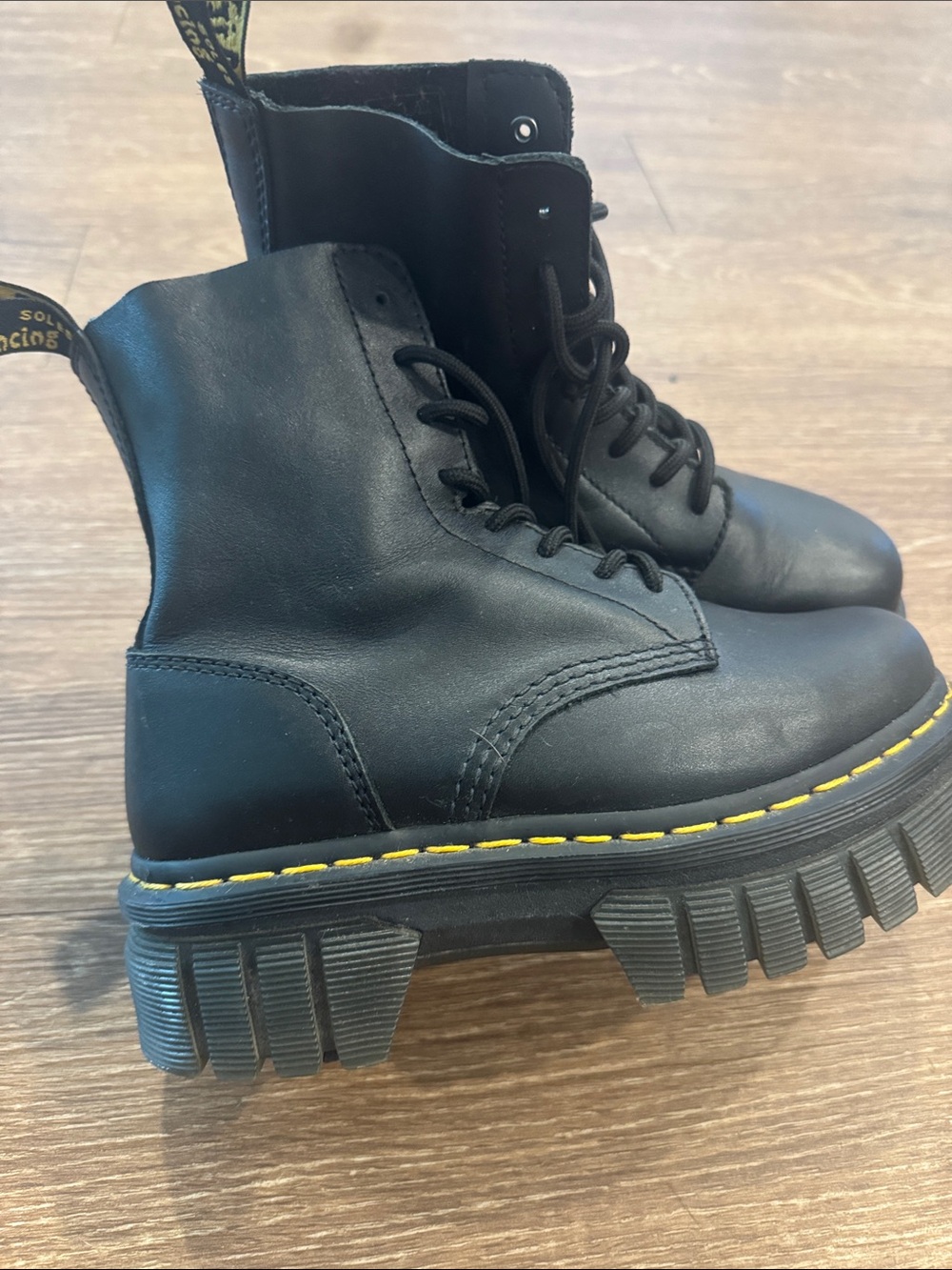 Dr. Martens Black Leather Lace-Up Combat Boots with Yellow Stitching